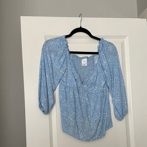 Blue Floral Blouse with Ruffled Neckline
